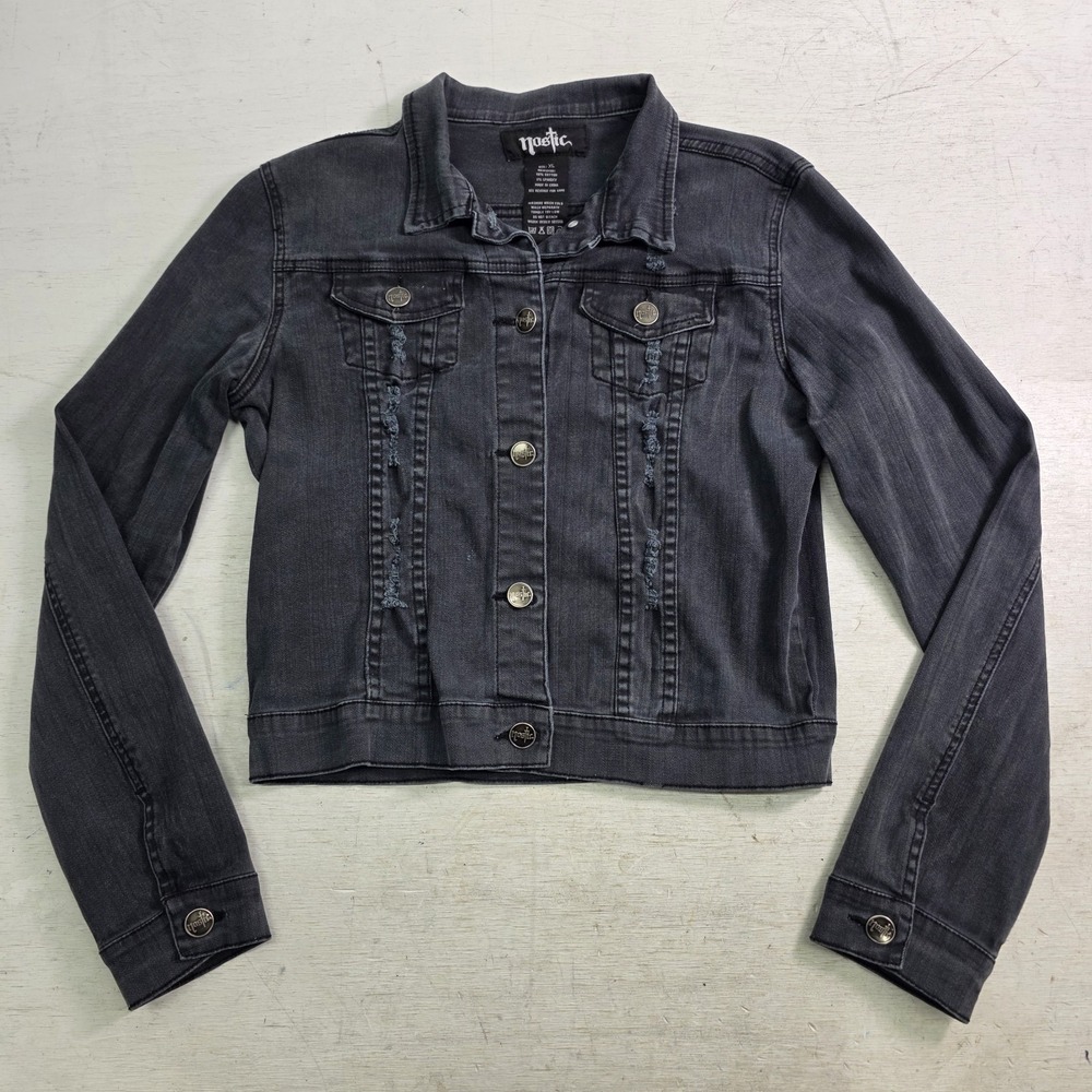 Nostic Denim Jacket Womens XL Black Gray Wash Distressed Trucker Jean Jacket EUC